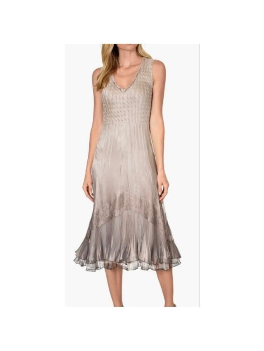 Komarov Taupe Gray Beaded Charmeuse & Chiffon Tiered Midi Dress L